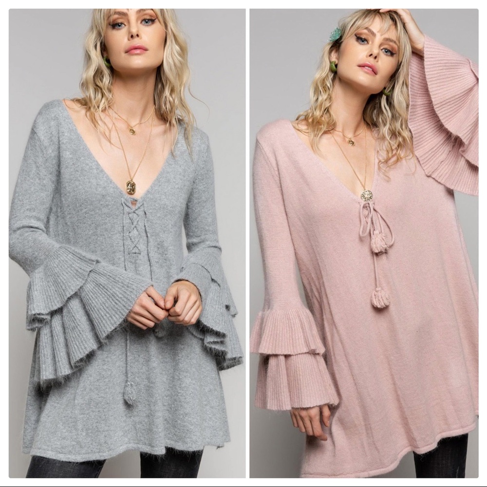 POL Rose Pink Tiered Bell Sleeve Tunic Sweater - Picture 3 of 9